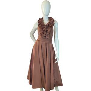 Vintage 1970s Copper Halter Evening Gown Open Back Ruffle Dress